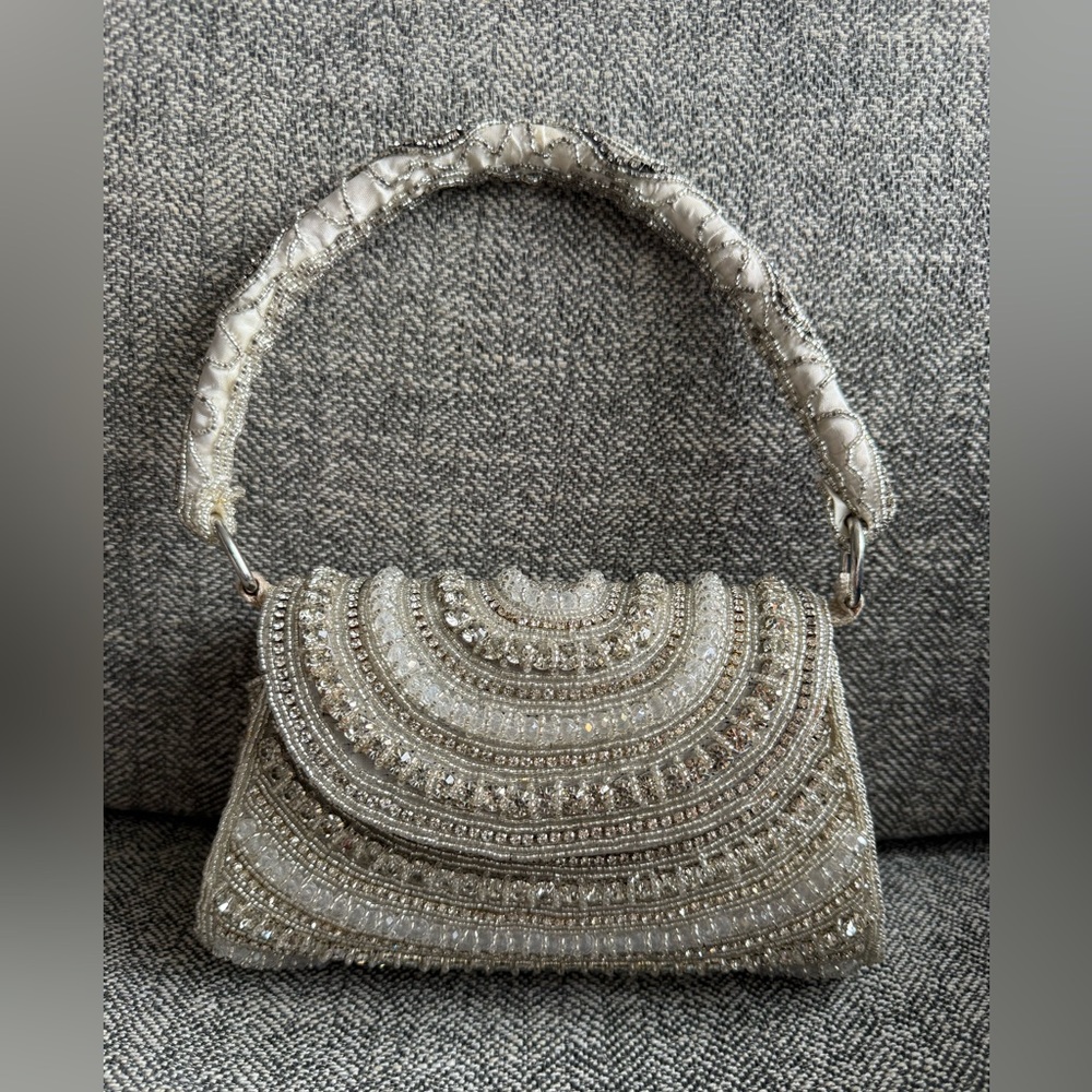 Handmade Silver Pearls and Beaded Party Clutch Bag- Brand New